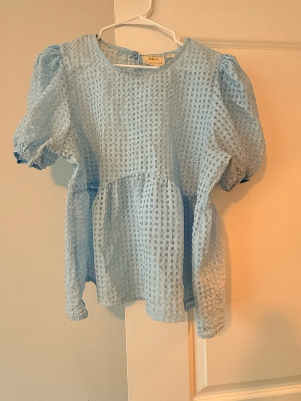 Anthropologie Maeve Light Blue Checkered Peplum Top - Picture 2 of 7